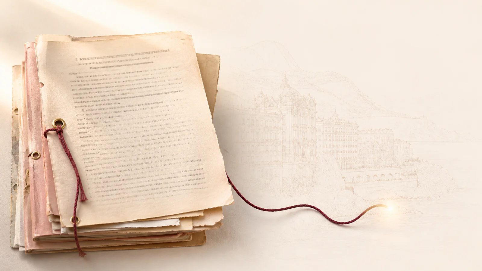 Des documents d’archives de l’UFM reliés par un fil bordeaux