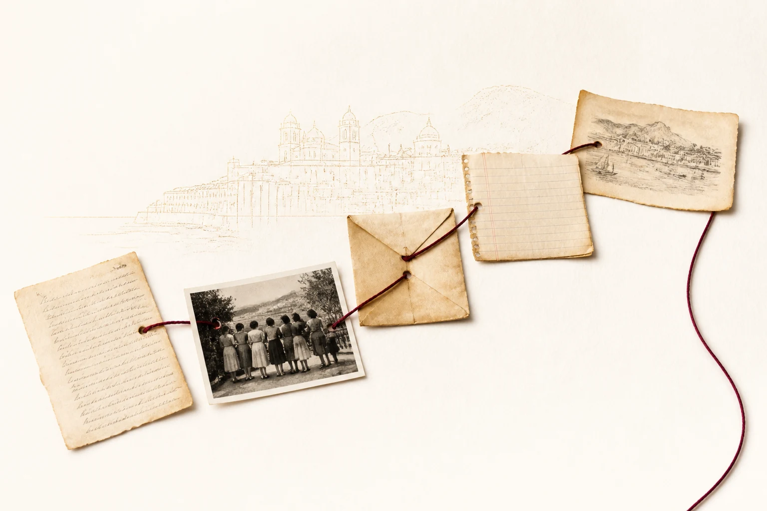 Des documents d’archives reliés par un fil bordeaux